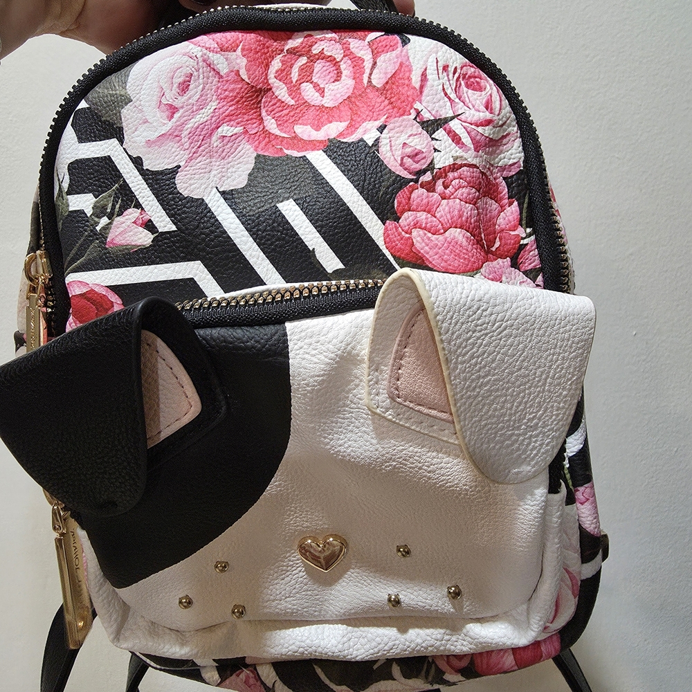 Betsey Johnson Floral Patchwork Mini Backpack in White, Black & Pink